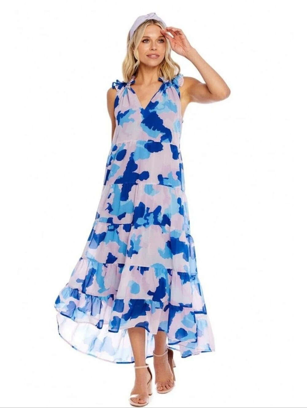 Mudpie Abstract Lilac Ruffle Tier Blue And Purple Dress Size Large NWOT